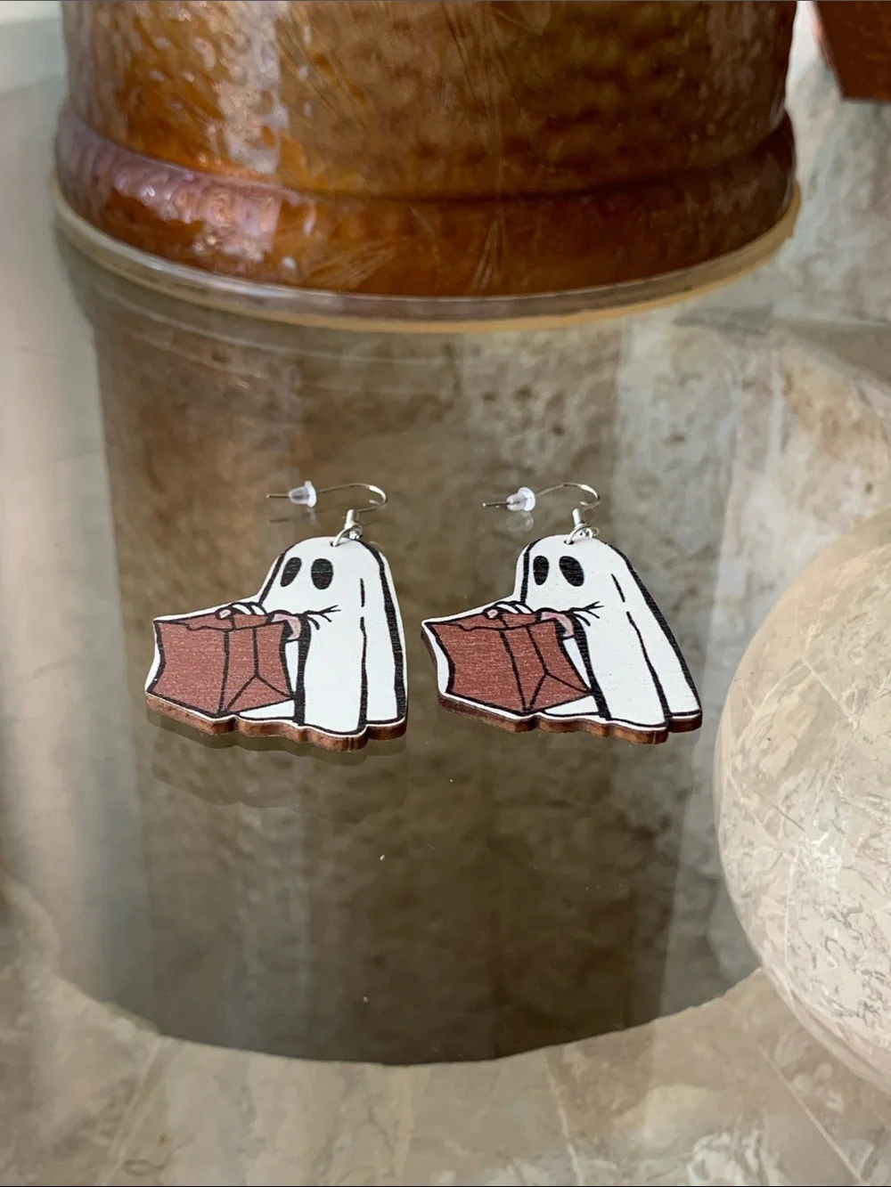 Wooden Ghost with Bag White and Brown Novelty Earrings